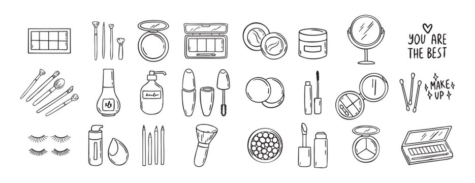 make up beauty doodle hand drawn icon set. Outline drawing cosmetics line clipart symbol