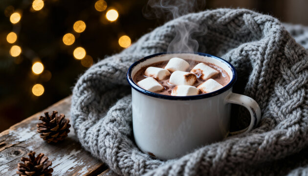Cozy mug of hot chocolate with marshmallows on knitted blanket, surrounded by pinecones and warm holiday lights - Powered by Adobe