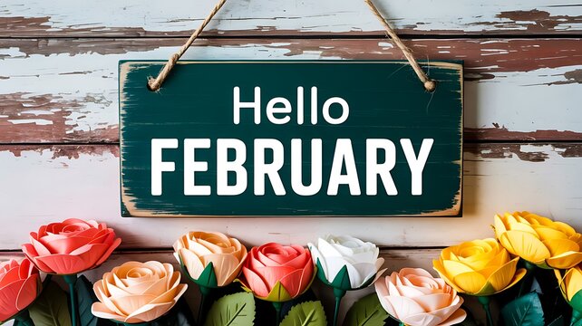 A charming wooden sign with hello february in white letters, surrounded by colorful roses, creating a warm and inviting atmosphere, perfect for celebrating the month of love and new beginnings
