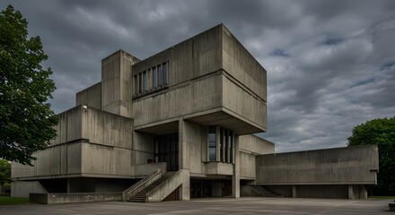 A concrete building stands starkly against a cloudy sky its geometric design featuring stacked blocks and staircases