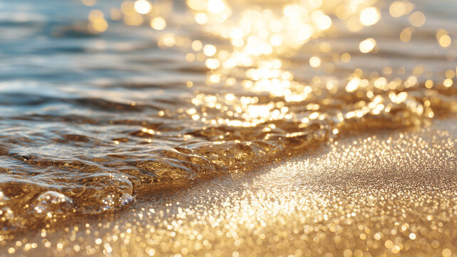Close-up of gentle ocean waves washing onto golden sand at sunset, creating a sparkling, sunlit texture