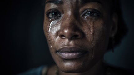 A close-up view shows a woman in low light, with tears streaming down her face. Her expression reveals sadness and vulnerability while capturing a profound moment of emotion.