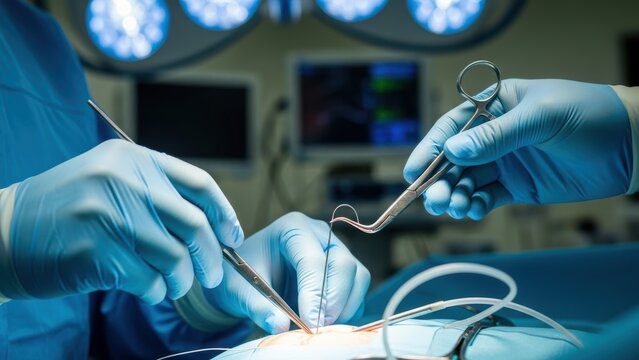 Two surgeons' hands working together during a complex operation.
