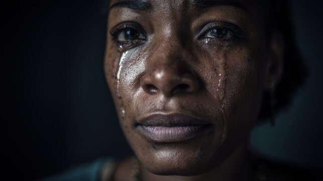 A close-up view shows a woman in low light, with tears streaming down her face. Her expression reveals sadness and vulnerability while capturing a profound moment of emotion.
