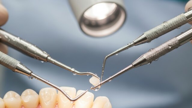 A dentist using multiple tools during a dental procedure.