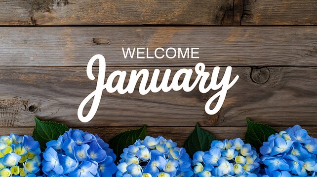 Welcome january message on rustic wood background with blue hydrangeas, a warm greeting to the new year with floral accents and a touch of winter charm