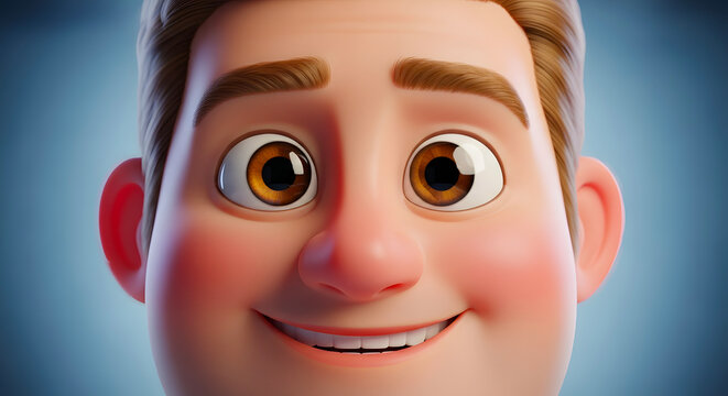 Vibrant 3D animated portrait of a smiling man with a cheerful and friendly expression, featuring big brown eyes and rosy cheeks, conveying happiness and approachability in a modern cartoon style