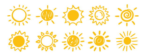 Hand drawn Sun. Set of Sun icon. Doodle children drawing. Solar icon. weather sign. Vector illustration. Suitable for stickers, logos, posters, packaging and printable projects.
