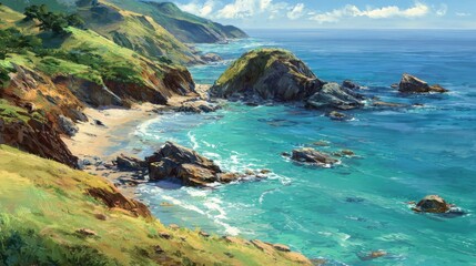 Scenic coastal view captures rocky shores and vibrant blue waters under a bright sky, reflecting a calm and serene beach atmosphere during the day.