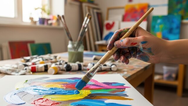 An artist's paint-covered hand applying blue paint to a canvas.