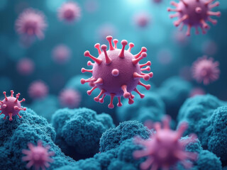 3D microscopic visualization of viral particles (Coronavirus) invading a biological surface. Concept of pandemic, infection, and medical research.