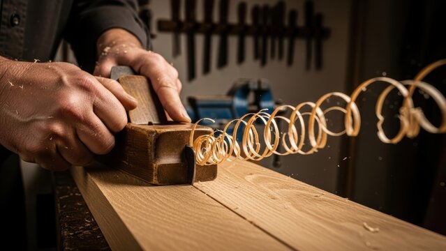 A woodworker planing a piece of wood, creating a perfect spiral shaving.
