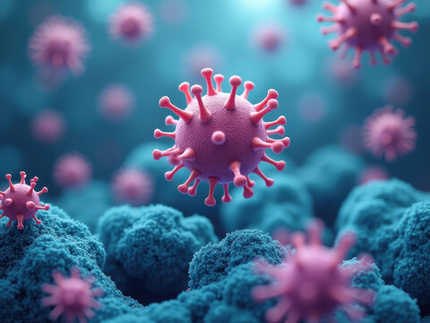 3D microscopic visualization of viral particles (Coronavirus) invading a biological surface. Concept of pandemic, infection, and medical research.