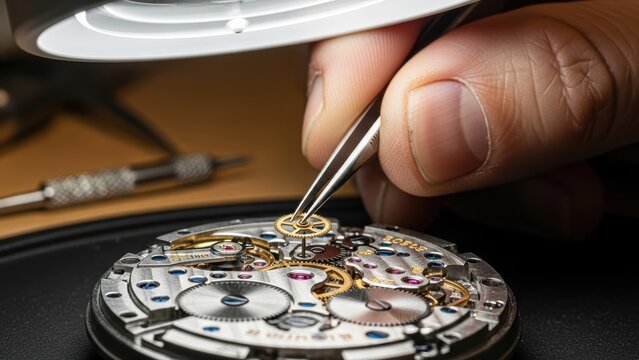 A horologist using tweezers to assemble a luxury watch mechanism.