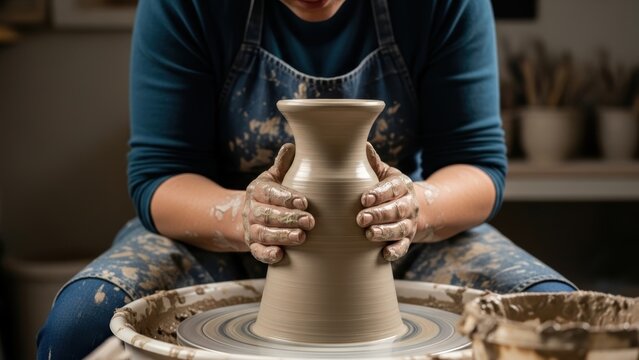 A potter's muddy hands shaping a vase on a pottery wheel.