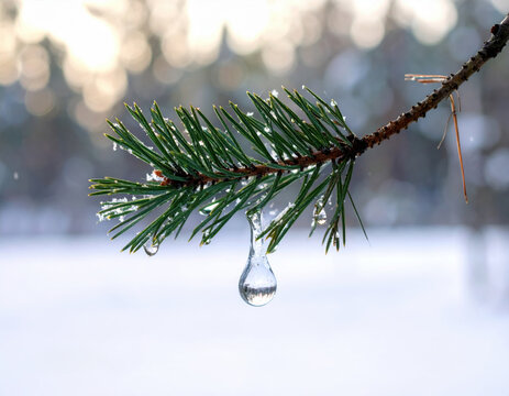 Ice cold water droplet hanging from a green pine branch on a winter day Generative AI