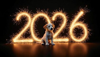 Adorable puppy celebrates New Year 2026 with golden sparklers on black background. Festive beginning of the new year.