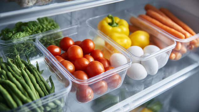 Fresh vegetables and eggs neatly organized inside refrigerator in clear plastic containers promoting healthy eating and mindful food storage.