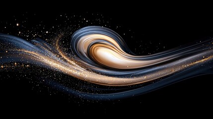 A dynamic, abstract composition featuring a swirling wave of dark blue and gold hues, accented by a scattering of glittering golden particles on a stark black b