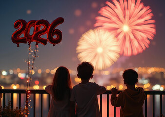 Obraz premium Children watching 2026 New Year's Eve fireworks from a balcony, with red number balloons against a vibrant city skyline and night sky.