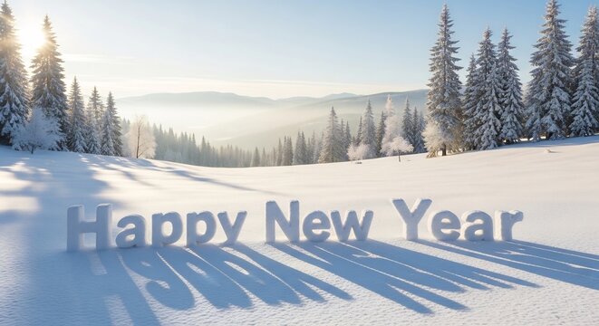 Embrace the fresh start of a Happy New Year amidst a breathtaking snowy winter landscape, where festive greetings stand tall against the serene backdrop of frosted forests and sunlit peaks - Powered by Adobe