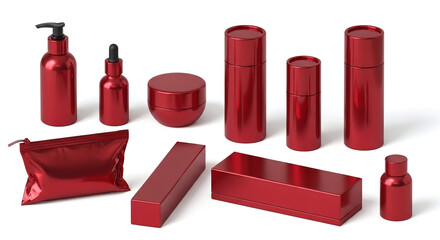 Ruby red luxury packaging set with ten glossy containers arranged symmetrically