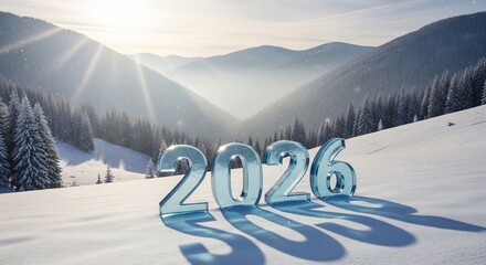 Majestic winter landscape featuring the year 2026 crafted in glistening ice, symbolizing a fresh start and hopeful future amidst a serene, snowy mountain range under a radiant sun