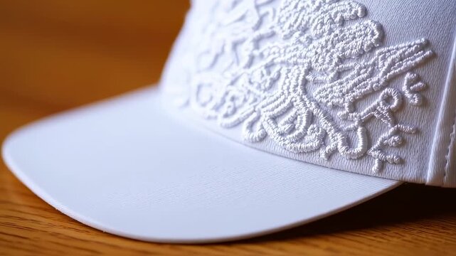 Close-up of an Elegant White Baseball Cap with Exquisite Embroidery Detailing and Soft, Diffused