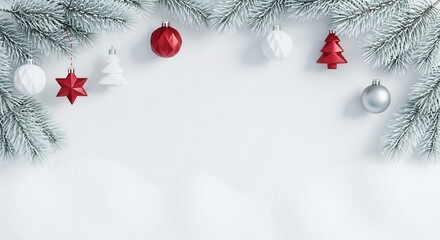 Elegant winter holiday background with festive frosted pine branches and sparkling red and silver ornaments, perfect for seasonal greetings and celebration designs and a copy space