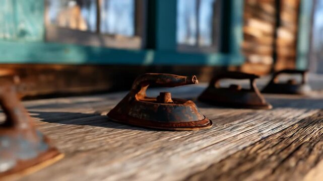 Rusty antique irons on weathered wood surface vintage household objects old fashioned tools rustic home decor