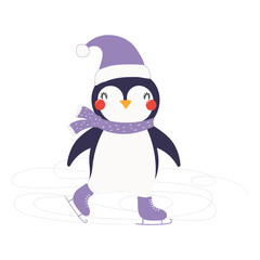 Penguin in a hat, scarf, ice skating isolated on transparent. Hand drawn flat vector illustration. Cute cartoon character. Traditional Christmas, New Year design element, clip art