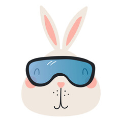 Rabbit in goggles isolated on transparent. Hand drawn flat vector illustration. Cute cartoon character. Traditional Christmas, New Year design element, clip art