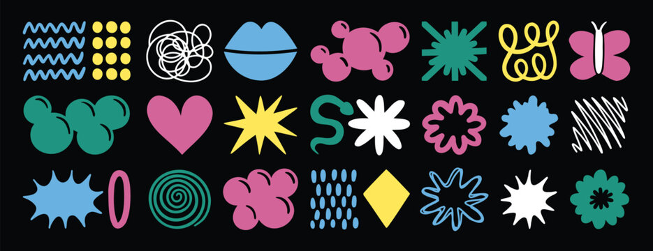 Naive retro playful abstract shapes sticker set. Abstract trendy shapes 90s 00s style. wavy and spiral elements.