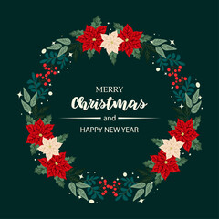 Christmas Wreath Background &ndash; Red and White Poinsettias, Holly Leaves and Festive Typography on Dark Green for Holiday Greeting