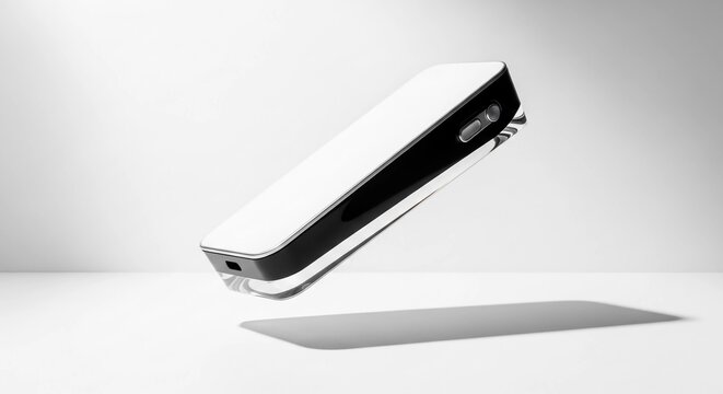 Minimalist design of a modern hands-free audio device hovering in mid-air, showcasing advanced technology and sleek aesthetics