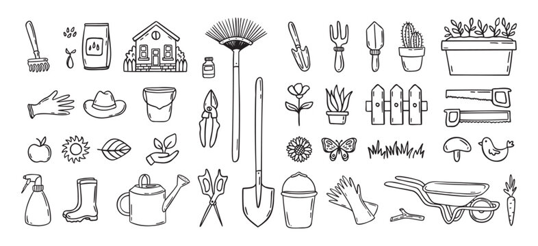 Gardener tools hand drawn doodle icons set. Hobby gardening. Garden items for plant care and backyard cleaning. Garden line clipart.