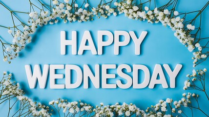 Happy wednesday message with delicate white gypsophila flowers on a serene blue background, creating a peaceful and inviting atmosphere, perfect for midweek greetings