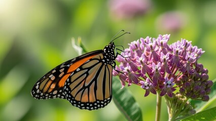 Fototapeta premium A close-up side view of a Monarch butterfly feeding on a pink milkweed flower.