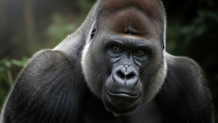 Fototapeta premium A powerful, close-up portrait of a silverback gorilla looking directly at the camera.