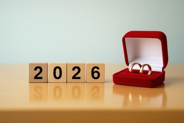 Minimalist image with wooden blocks forming “2026” next to an elegant red velvet box with two engagement rings, symbolizing weddings, proposals and marriage plans for the year 2026.