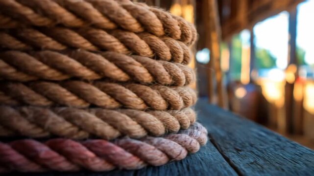 Natural fiber rope coiled on weathered wooden surface close up detailed texture