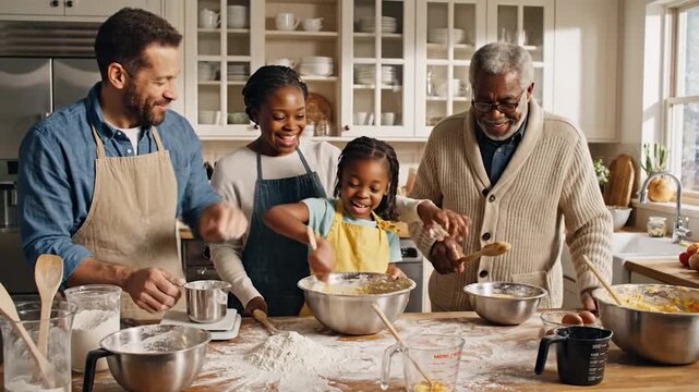 Multi generation family baking together in bright home kitchen
