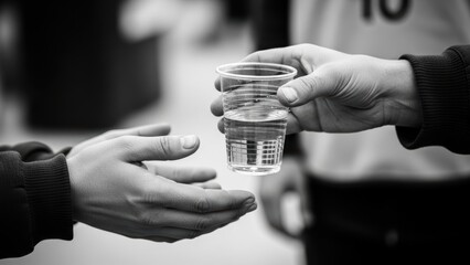 A black and white photo of one person's hands giving a cup of water to another person's hands.