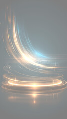 金と青の光が渦巻く未来的なステージ