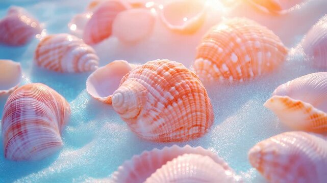 Beautiful Sea Shells on a Sandy Beach with Warm Sunlight - Coastal Calm and Relaxation