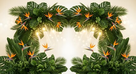 Tropical archway decorated with lush greenery and bird of paradise flowers