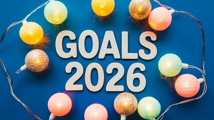 Illuminating the path to 2026 setting goals amidst a circle of vibrant string lights on a deep blue canvas, representing ambition, focus, and the promise of a new year