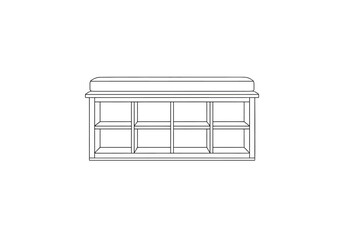 Black and white line drawing of a storage bench with eight cubbies and a cushion top