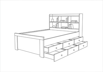Black and white line drawing of a storage bed with a bookcase headboard and open drawers