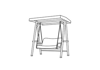 Black and white line drawing of an outdoor canopy swing seat